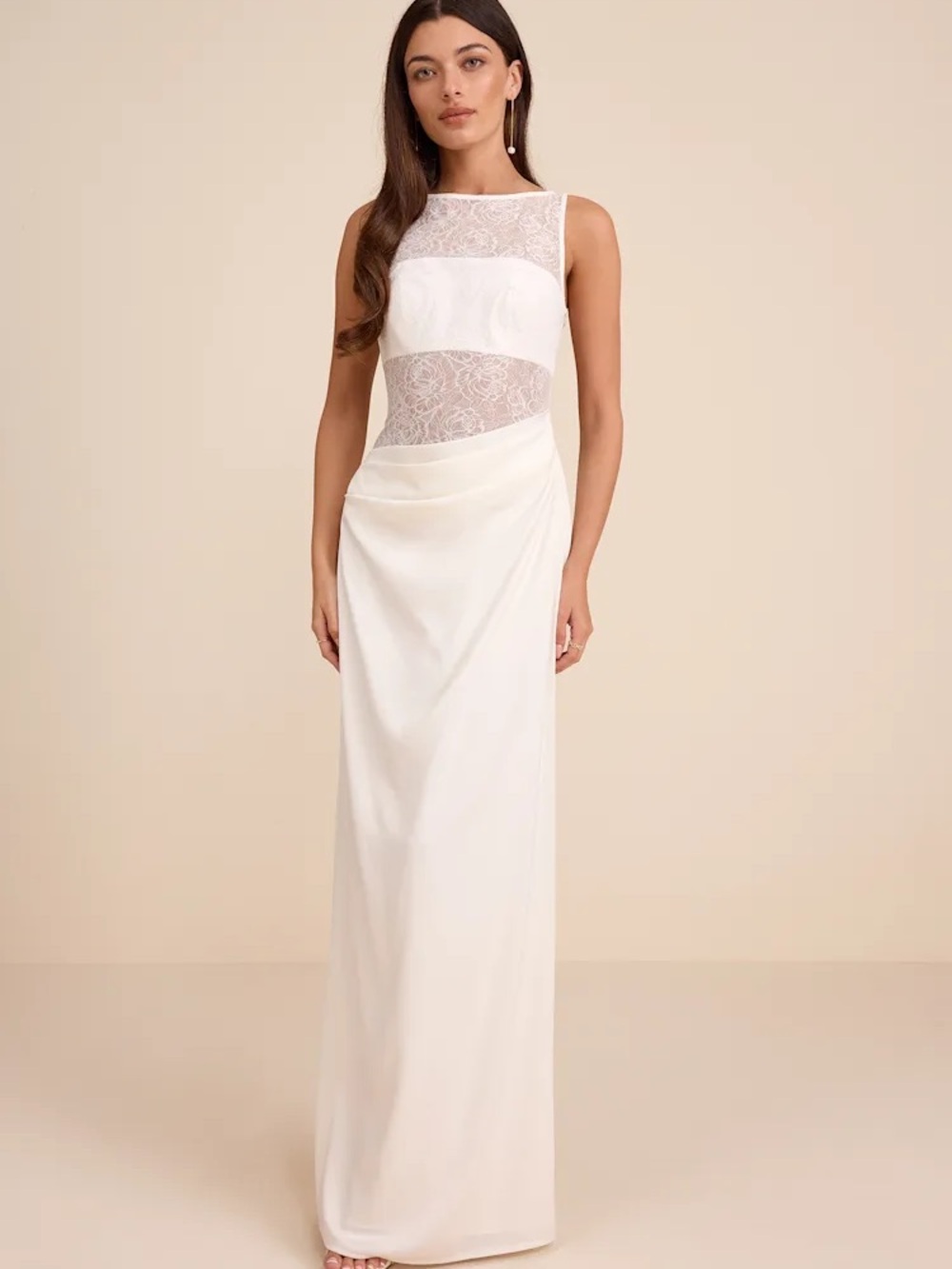 Lulu’s Akasha Ivory Lace-Panel Maxi Dress with Sheer Bodice